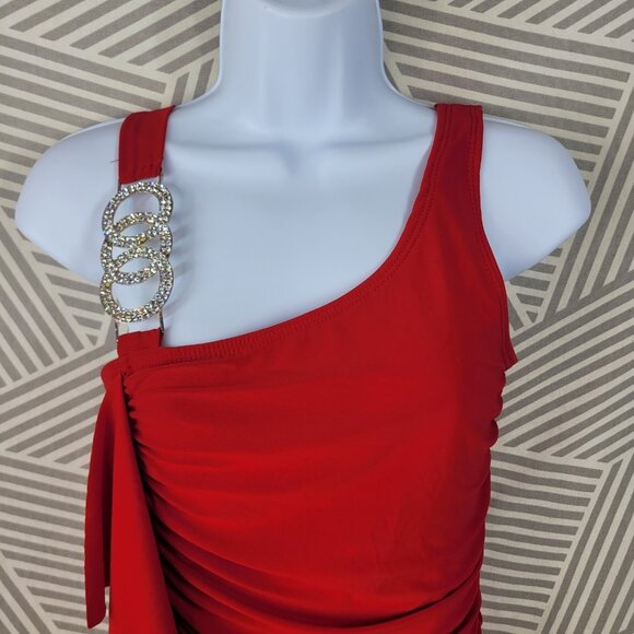 Vintage 90s Bodycon Mini Dress Medium Sexy Sheath Club Evening Red Ruched Ruffle - Picture 3 of 7